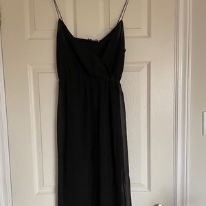 Spaghetti-strap maxi dress with shorter slip, sheer overlay